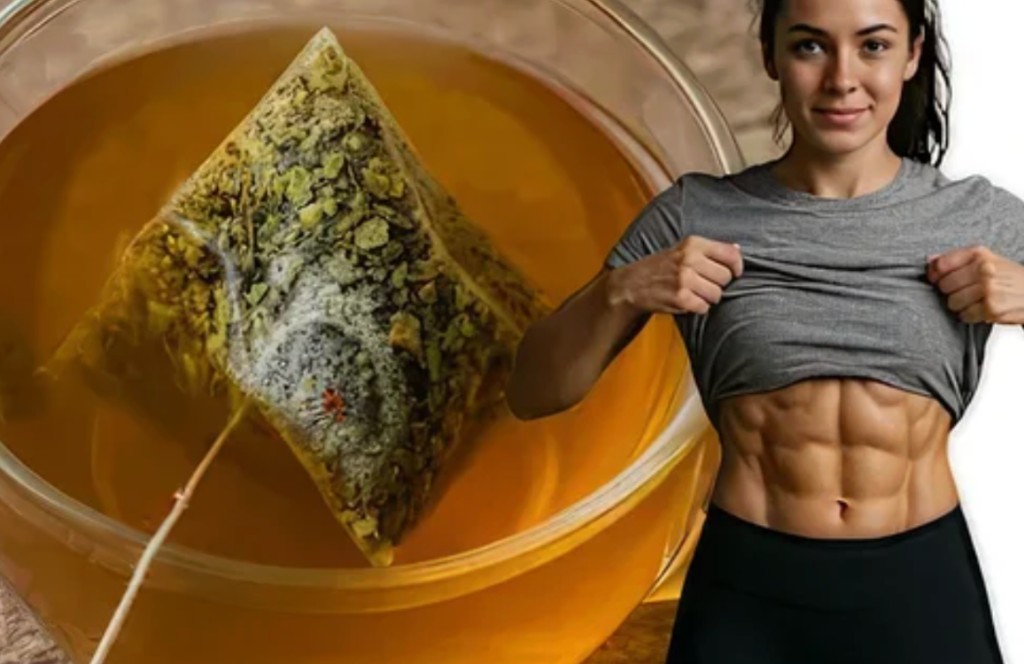 Herbal shake in a cup beside a fit woman with a toned midsection.