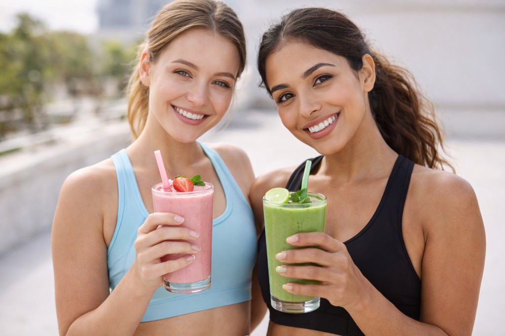 Two women in activewear outdoors with pink and green shakes topped with strawberry, lime and mint.