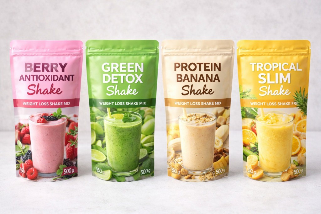 Four shake-mix packs: berries, green detox, protein banana and tropical.