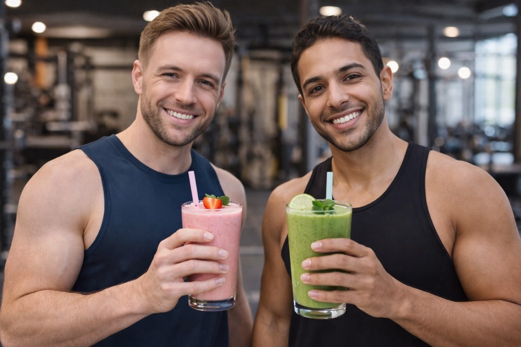 Two men at the gym smiling with pink and green shakes with strawberry, lime and mint.