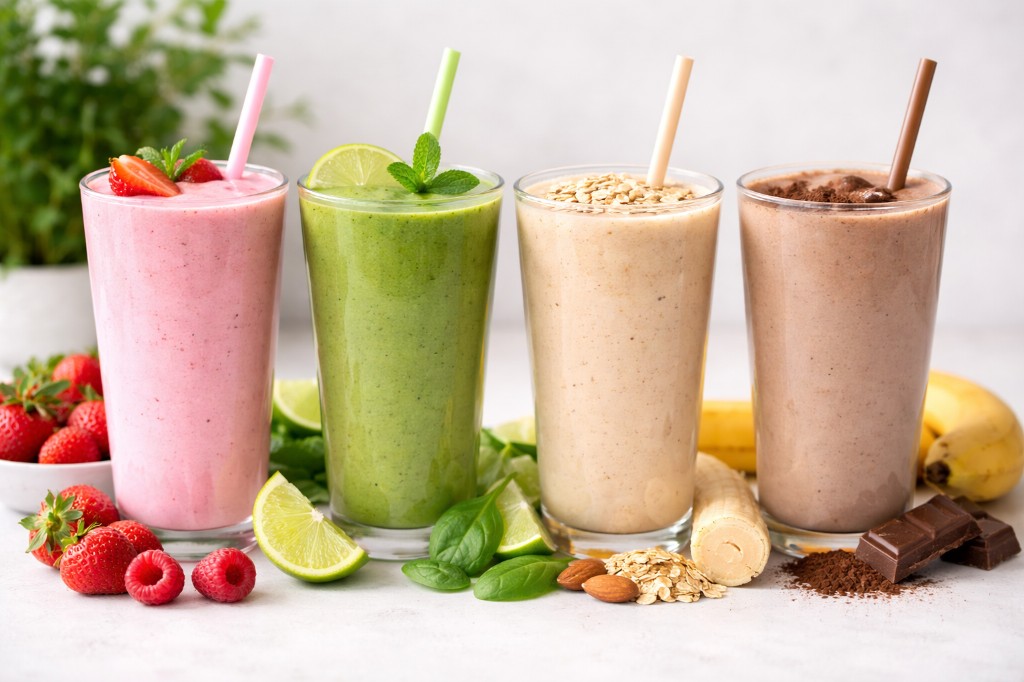 Assorted weight-management shakes: strawberry, green, oat and chocolate with fresh fruit around each glass.